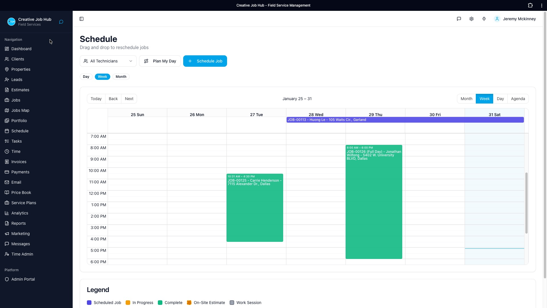 Creative Job Hub scheduling calendar showing drag-and-drop interface, tech assignments, and job timeline
